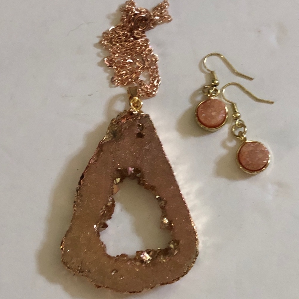 RoseGold Druzy Quartz Geode Slice Pendant/Earrings